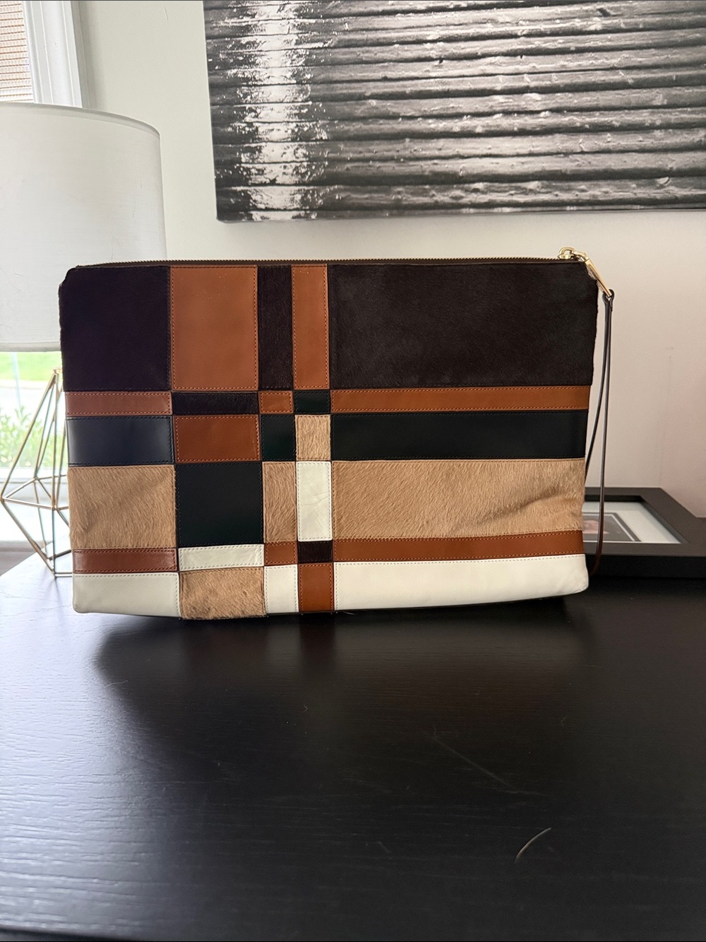 Large Coach Patchwork Leather Clutch in Black, Brown, Tan, and Cream